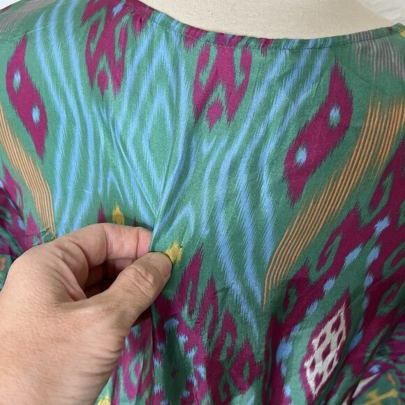 Figue Dress L Womens Multicolor Ikat Silk V Neck Short Sleeve Kaftan Tie Beach - Picture 8 of 12